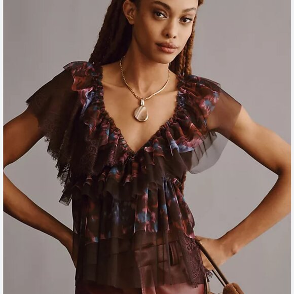 Anthropologie tulle lace mix ruffled top size m - Picture 1 of 7